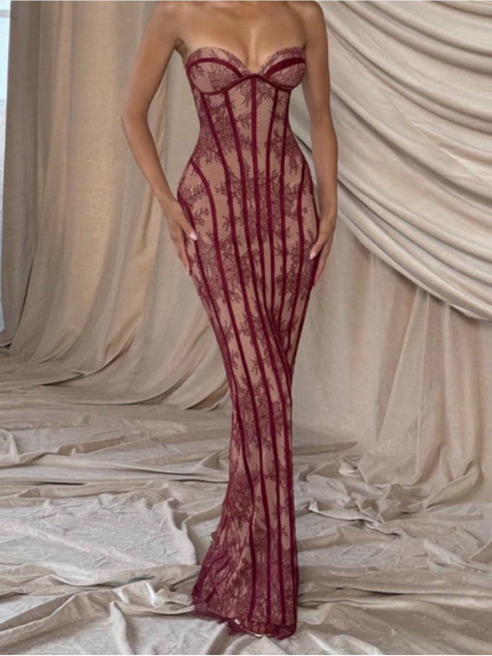 Elegant Strapless Burgundy Lace Corset Gown
